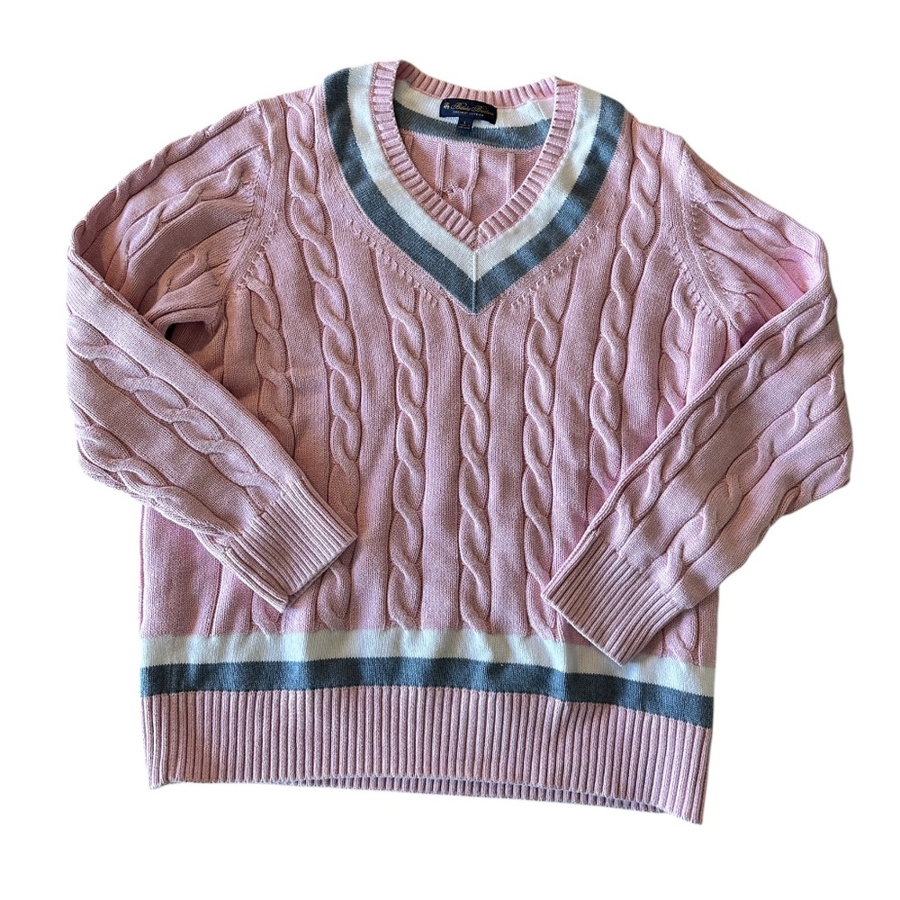 Brooks Bros. Cable V-Neck Sweater – L (Pink with Blue/White Detail)